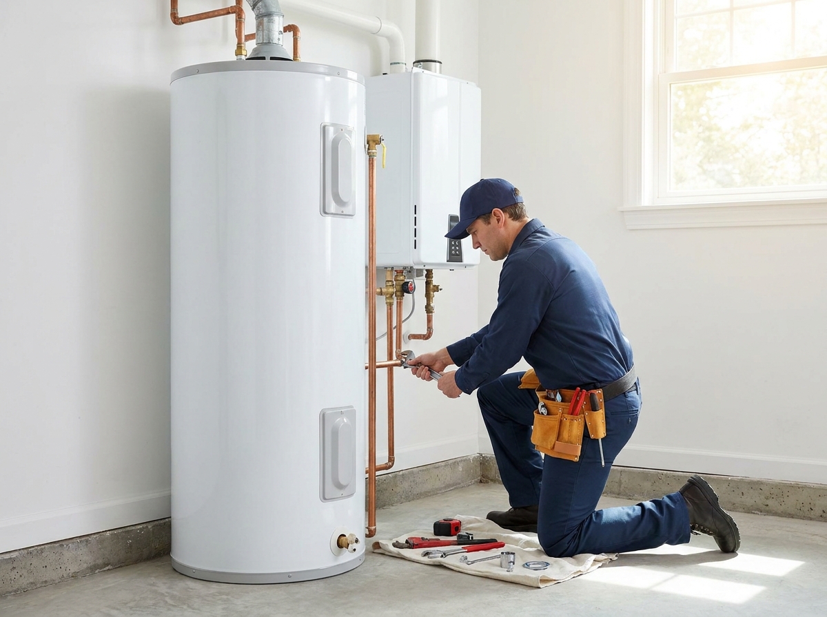 Licensed plumber installing a water heater in Milford, OH
